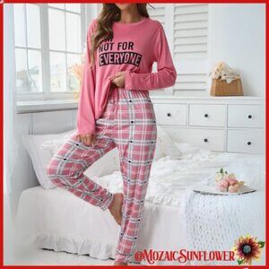 2 Pc Ladies PJs Pink Plaid Jogger Bottom With Tie Waist Pink Long Sleeve Top XXL